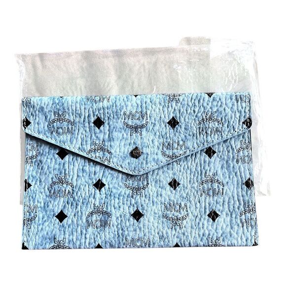 MCM Authentic Leather Envelope Clutch Blue Visetos - Picture 1 of 6